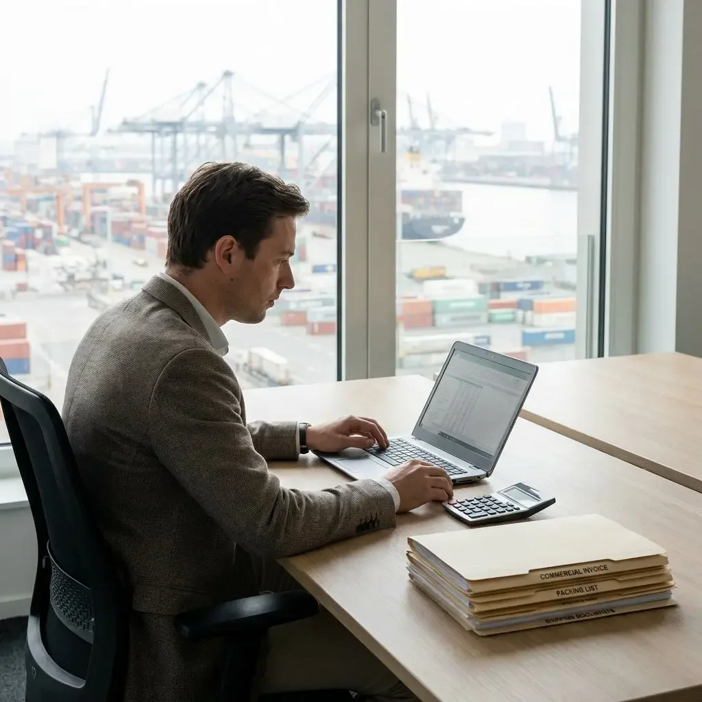 Een man in een colbert zit aan een houten bureau te werken op een laptop, met op de voorgrond een stapel mappen waarop "Commercial Invoice", "Packing List" en "Shipping Documents" staat geschreven. Op zijn bureau ligt ook een rekenmachine. Achter hem is door een groot raam een drukke zeehaven te zien met containers, kranen en een schip.